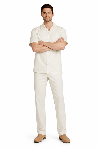 2 Pieces Mens Casual Solid Color Mens Linen Suit - Shirt and Pants Set Casual Two Piece Mens Walking Outfit For Sale Pant Sets suits casual two piece sets