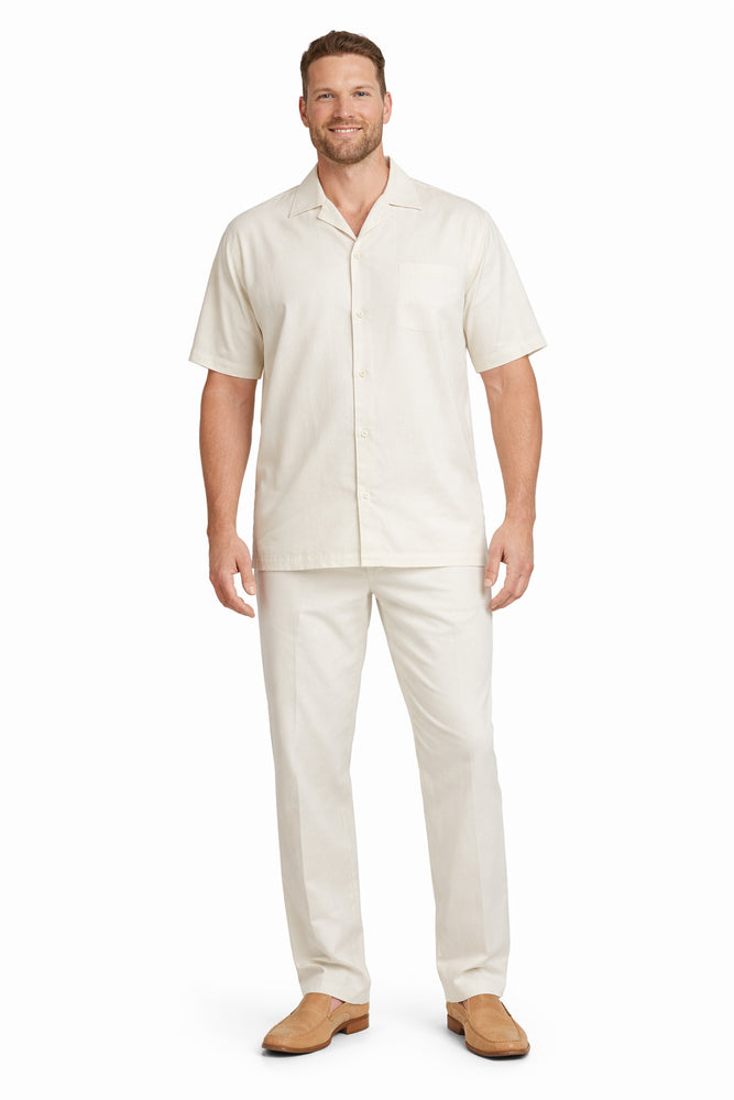 2 Pieces Mens Casual Solid Color Mens Linen Suit - Shirt and Pants Set Casual Two Piece Mens Walking Outfit For Sale Pant Sets suits casual two piece sets