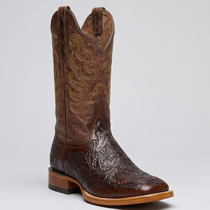 Mens White Diamond Boot Brown Hand-Tooled Western Boots Square Toe