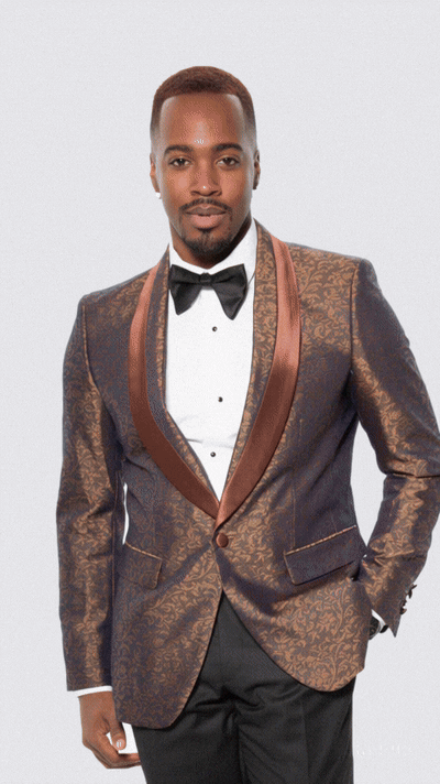 Mens Brown Paisley Tuxedo with Brown Satin Lapel and Black Pants – Formal Wedding Suit with Chain Brooch