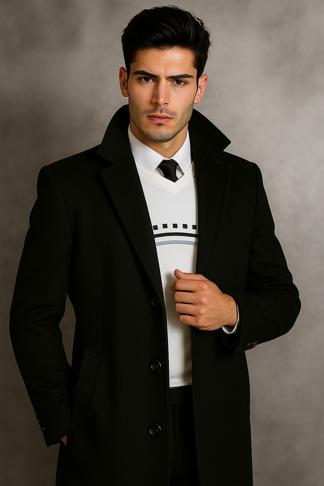 Men's Black Wool Overcoat – Big & Tall Dress Topcoat in Dark Color