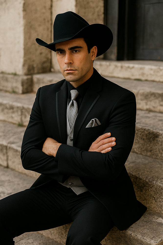 Men’s Black Western Tuxedo with Silver Vest & Cowboy Hat – Slim Fit