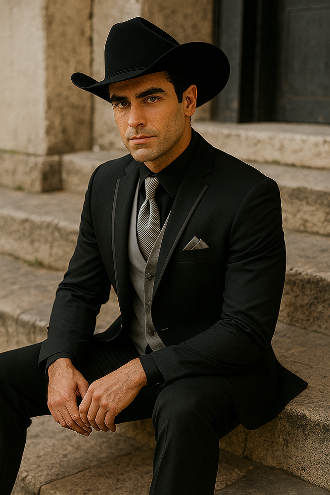 Men’s Black Western Tuxedo with Silver Vest & Cowboy Hat – Slim Fit