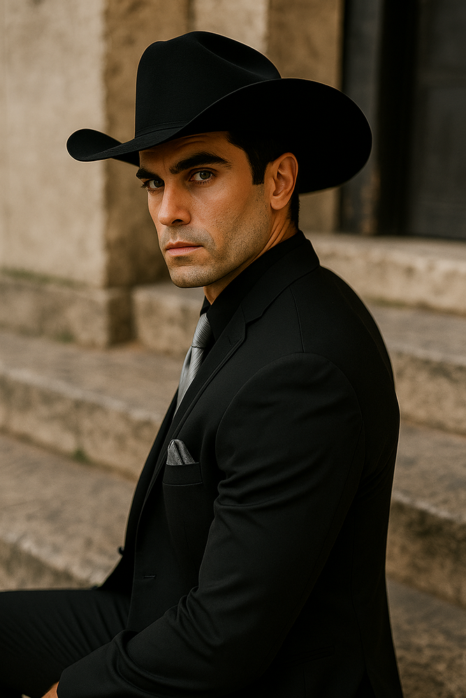 Men’s Black Western Tuxedo with Silver Vest & Cowboy Hat – Slim Fit