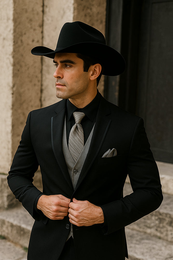 Men’s Black Western Tuxedo with Silver Vest & Cowboy Hat – Slim Fit