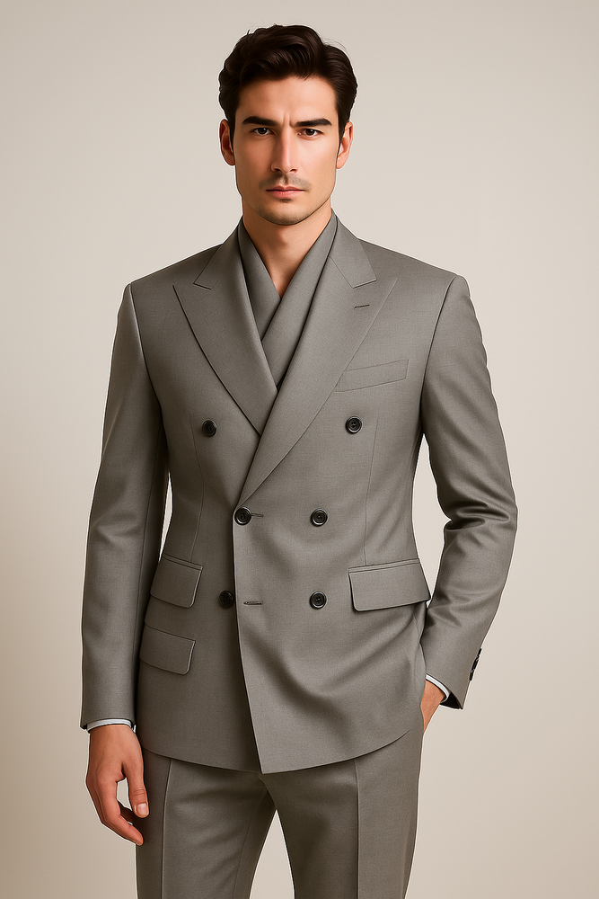Tiglio Rosso Suit  - Classic Fit Athletic Cut 100% Wool Super 150s Italian Fabric Peak Lapel in Color Gray