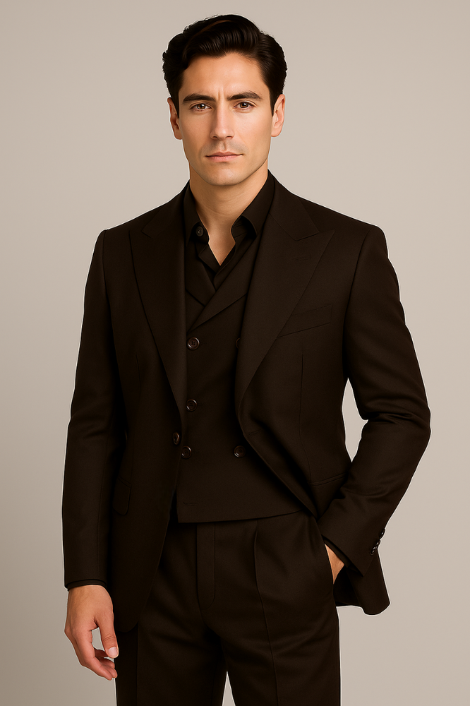 Tiglio Rosso Suit  - Classic Fit Athletic Cut 100% Wool Super 150s Italian Fabric Peak Lapel in Color Dark Brown