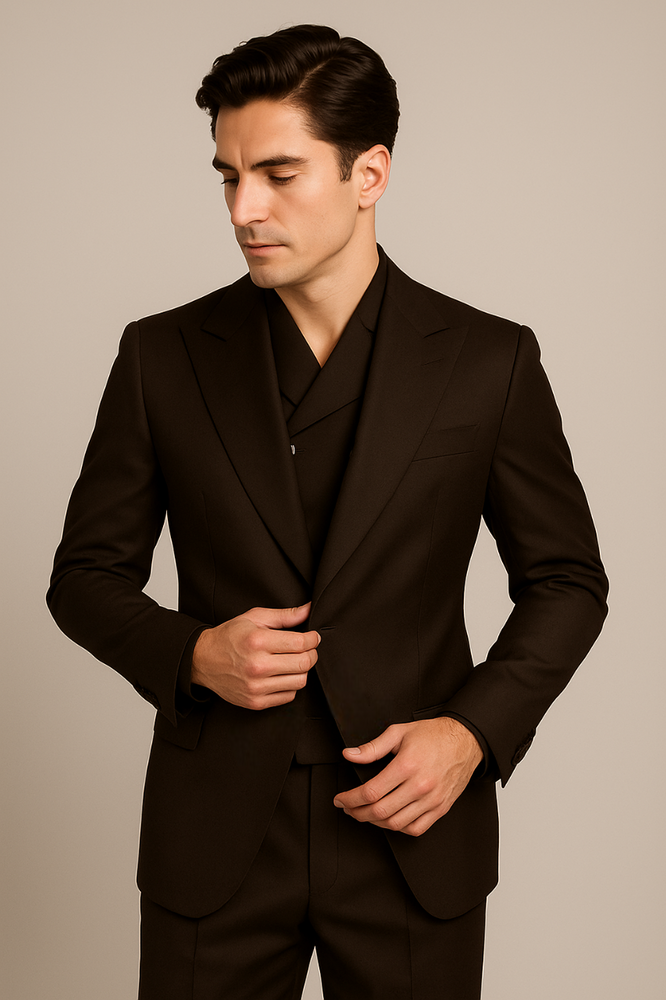 Tiglio Rosso Suit  - Classic Fit Athletic Cut 100% Wool Super 150s Italian Fabric Peak Lapel in Color Dark Brown