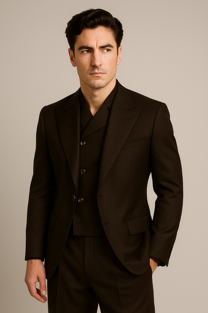 Tiglio Rosso Suit  - Classic Fit Athletic Cut 100% Wool Super 150s Italian Fabric Peak Lapel in Color Dark Brown