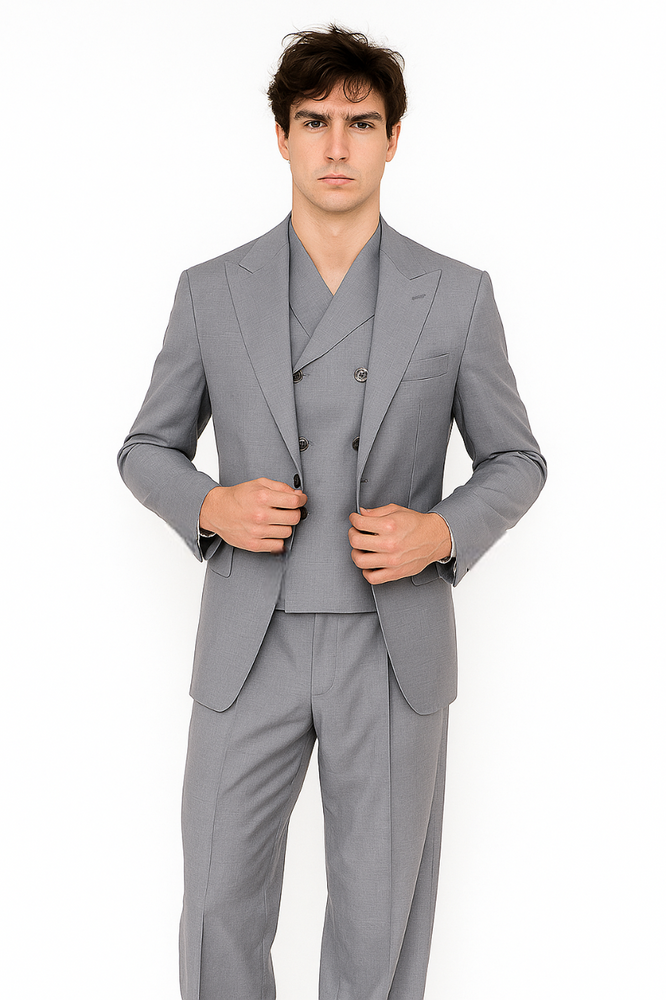 Tiglio Rosso Suit  - Classic Fit Athletic Cut 100% Wool Super 150s Italian Fabric Peak Lapel in Color Light Gray