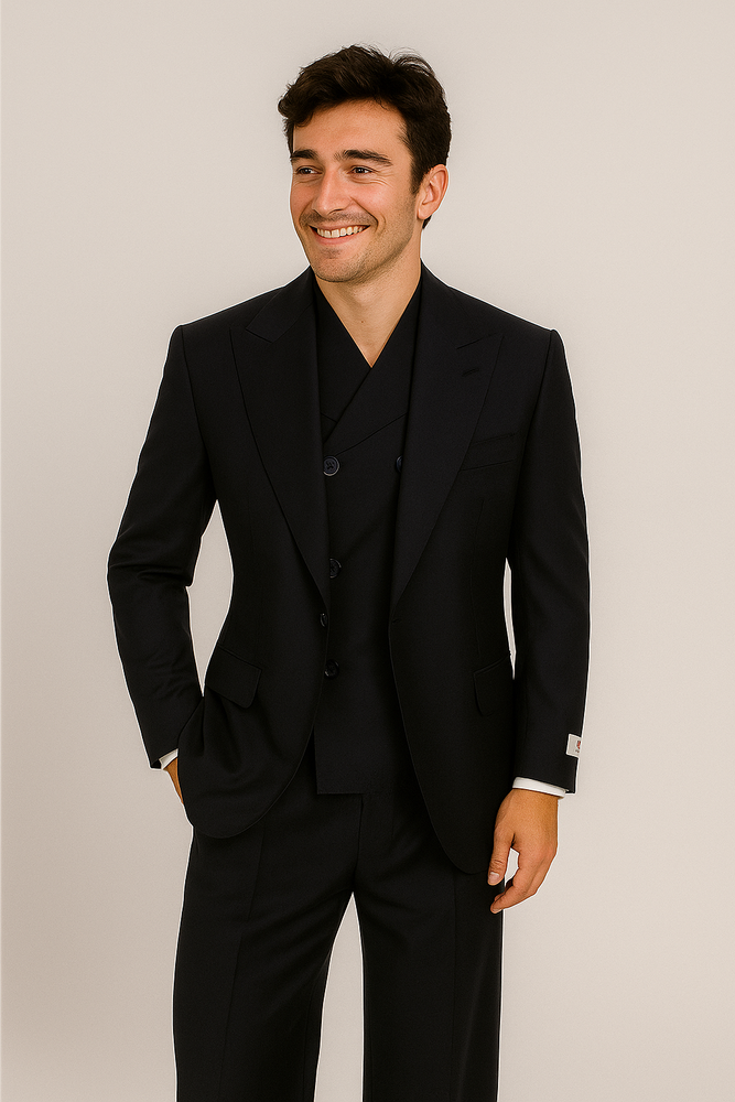 Tiglio Rosso Suit  - Classic Fit Athletic Cut 100% Wool Super 150s Italian Fabric Peak Lapel in Color Navy