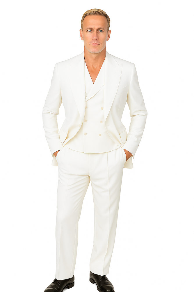 Tiglio Rosso Suit  - Classic Fit Athletic Cut 100% Wool Super 150s Italian Fabric Peak Lapel in Color Off White