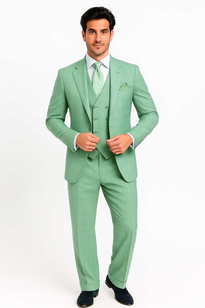 Tiglio Rosso Suit  - Classic Fit Athletic Cut 100% Wool Super 150s Italian Fabric Peak Lapel in Color Mint Green