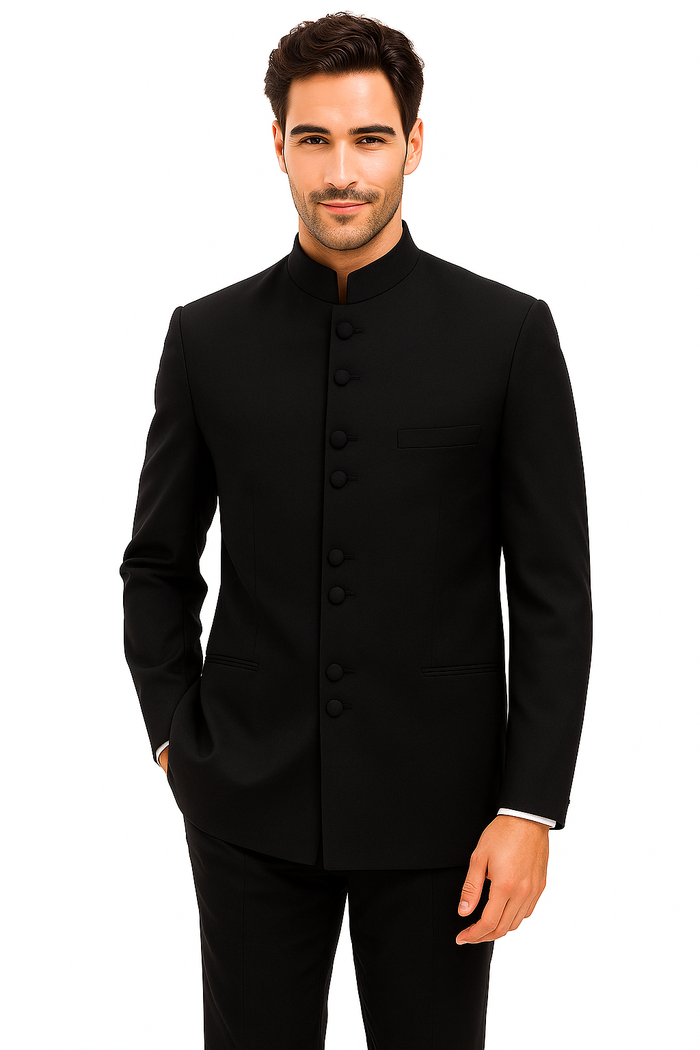 Mandarin Collar BANNED Collar Black Suit 8 BUTTON EXTRA FINE HAND MADE Discount Sale Designer Super Light Weight