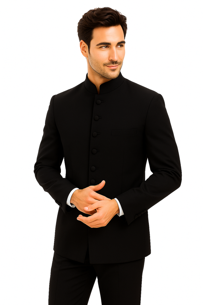 Mandarin Collar BANNED Collar Black Suit 8 BUTTON EXTRA FINE HAND MADE Discount Sale Designer Super Light Weight