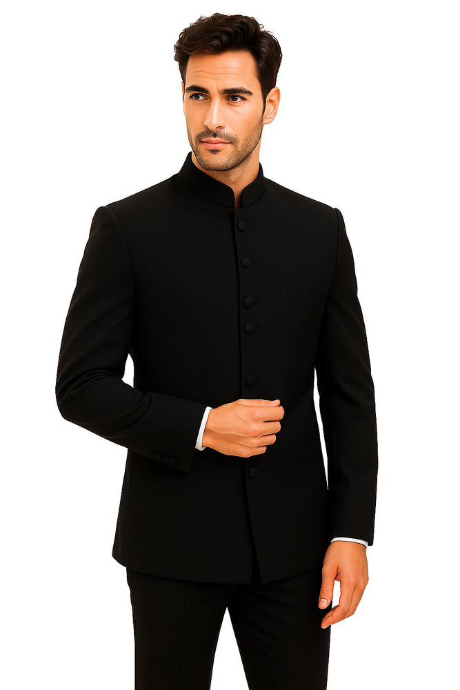 Mandarin Collar BANNED Collar Black Suit 8 BUTTON EXTRA FINE HAND MADE Discount Sale Designer Super Light Weight