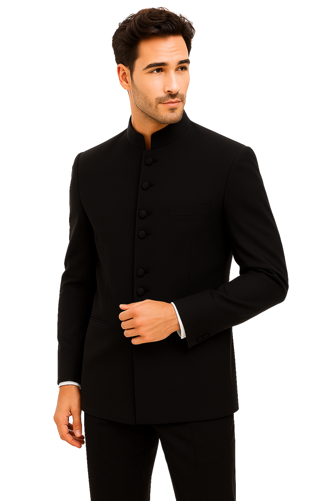 Mandarin Collar BANNED Collar Black Suit 8 BUTTON EXTRA FINE HAND MADE Discount Sale Designer Super Light Weight