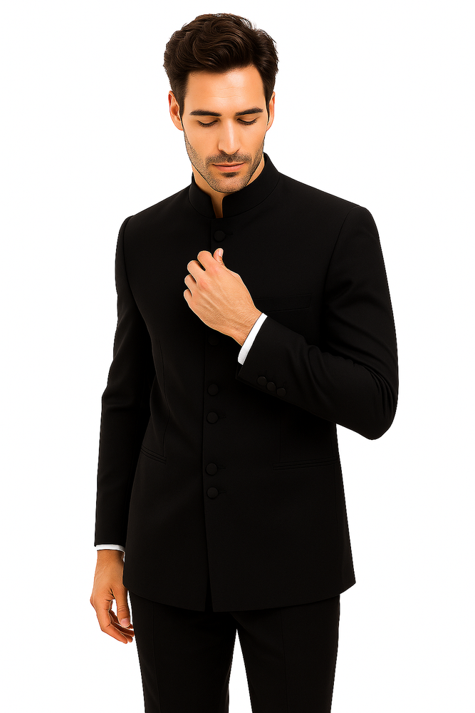 Mandarin Collar BANNED Collar Black Suit 8 BUTTON EXTRA FINE HAND MADE Discount Sale Designer Super Light Weight