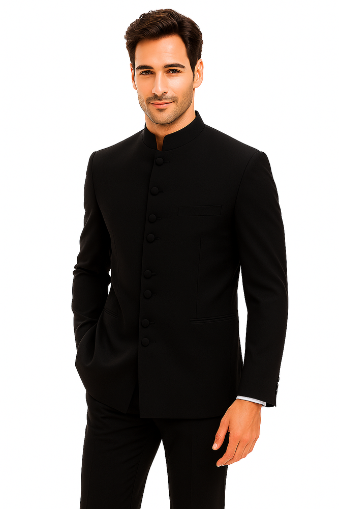 Mandarin Collar BANNED Collar Black Suit 8 BUTTON EXTRA FINE HAND MADE Discount Sale Designer Super Light Weight