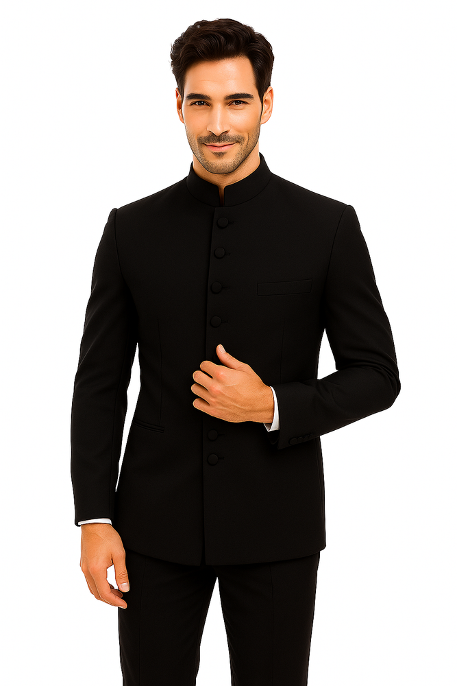 Mandarin Collar BANNED Collar Black Suit 8 BUTTON EXTRA FINE HAND MADE Discount Sale Designer Super Light Weight