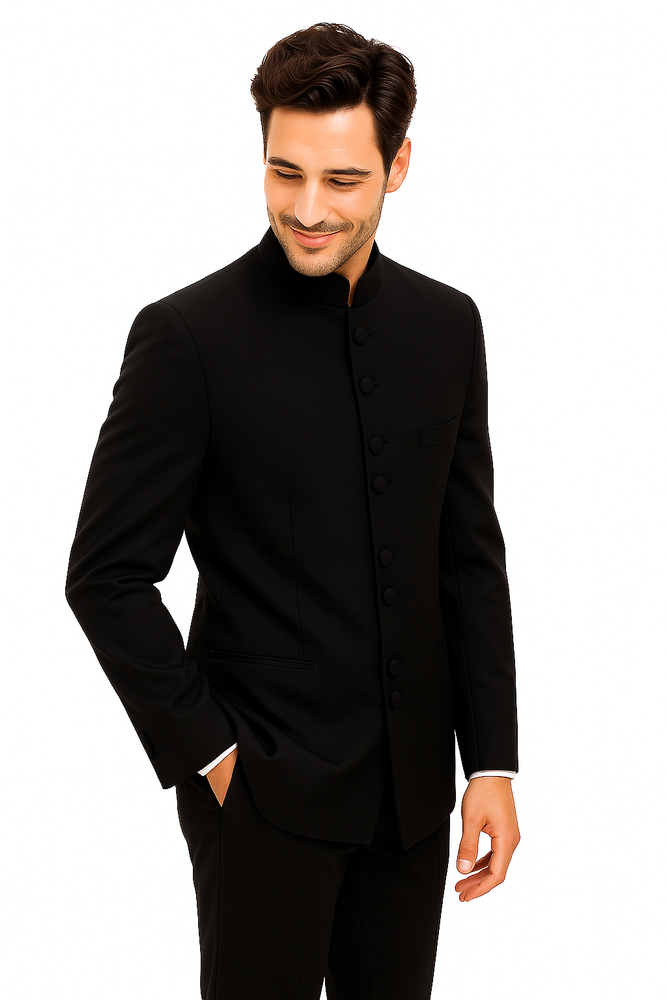 Mandarin Collar BANNED Collar Black Suit 8 BUTTON EXTRA FINE HAND MADE Discount Sale Designer Super Light Weight