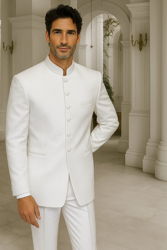 Men's White Two Piece Mandarin Banded Collar 6 Button Long Jacket - Men's Preaching Jacket