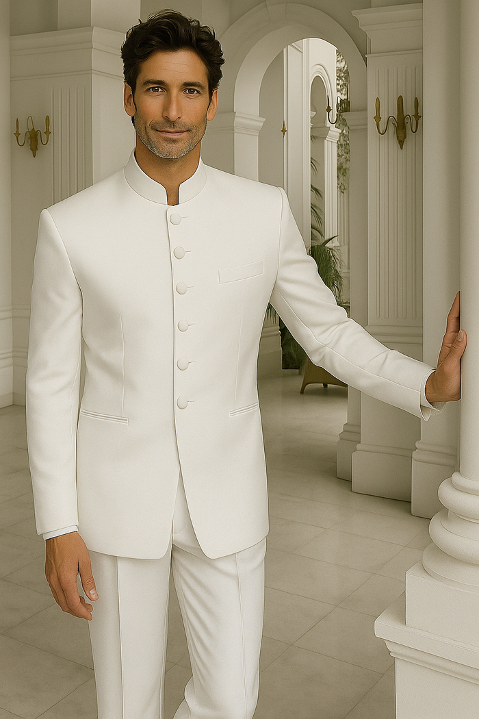 Men's White Two Piece Mandarin Banded Collar 6 Button Long Jacket - Men's Preaching Jacket