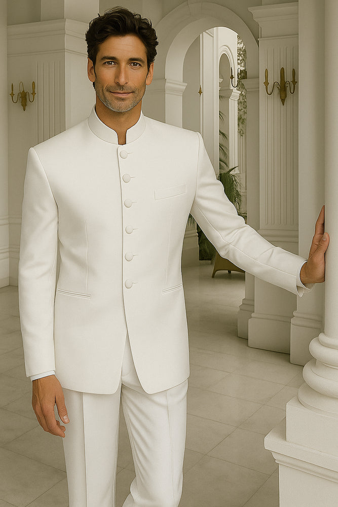 Men's White Two Piece Mandarin Banded Collar 6 Button Long Jacket - Men's Preaching Jacket