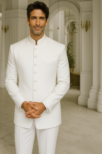 Men's White Two Piece Mandarin Banded Collar 6 Button Long Jacket - Men's Preaching Jacket