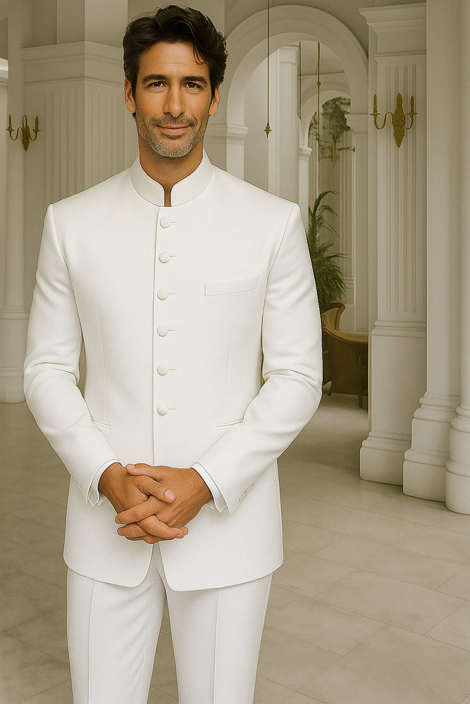 Men's White Two Piece Mandarin Banded Collar 6 Button Long Jacket - Men's Preaching Jacket
