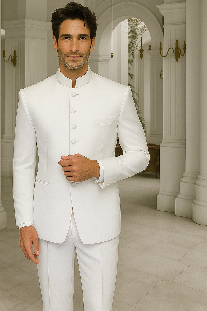 Men's White Two Piece Mandarin Banded Collar 6 Button Long Jacket - Men's Preaching Jacket