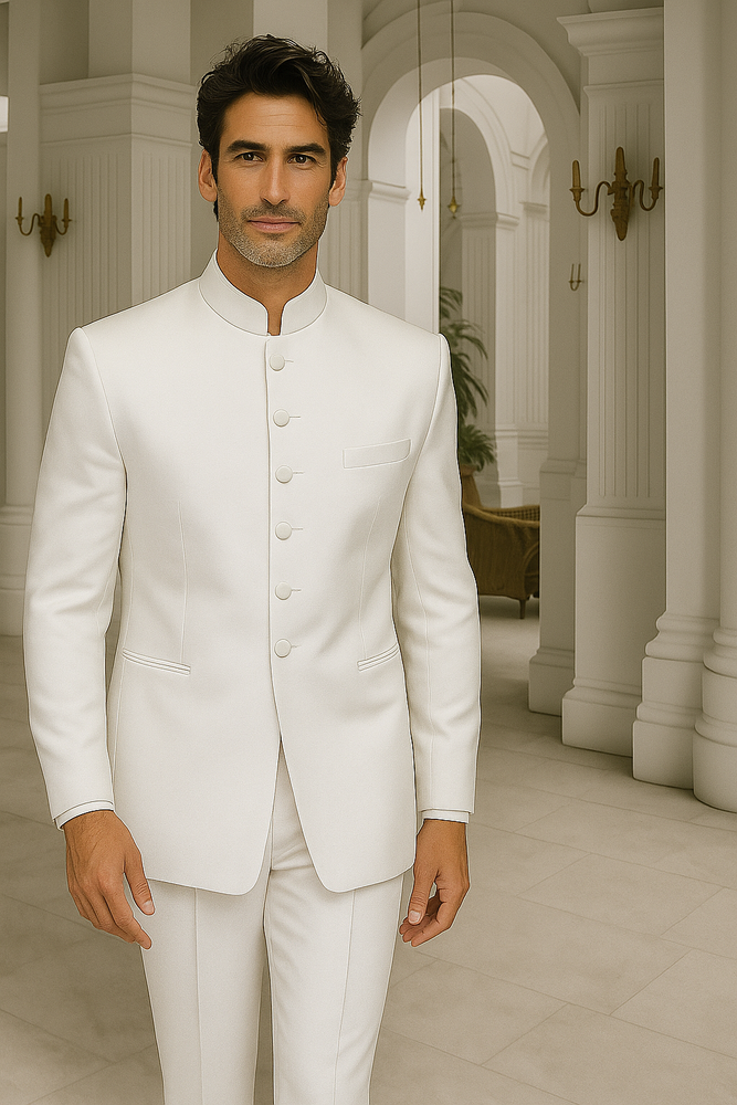 Men's White Two Piece Mandarin Banded Collar 6 Button Long Jacket - Men's Preaching Jacket