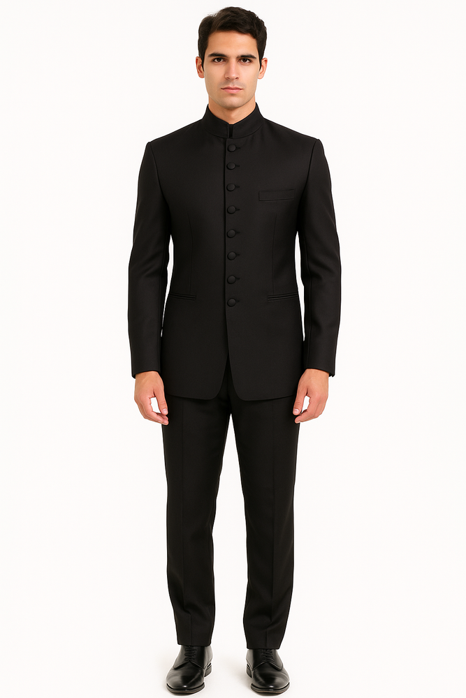 Black 8 Button Mandarin banded collar Nehru Style Suit