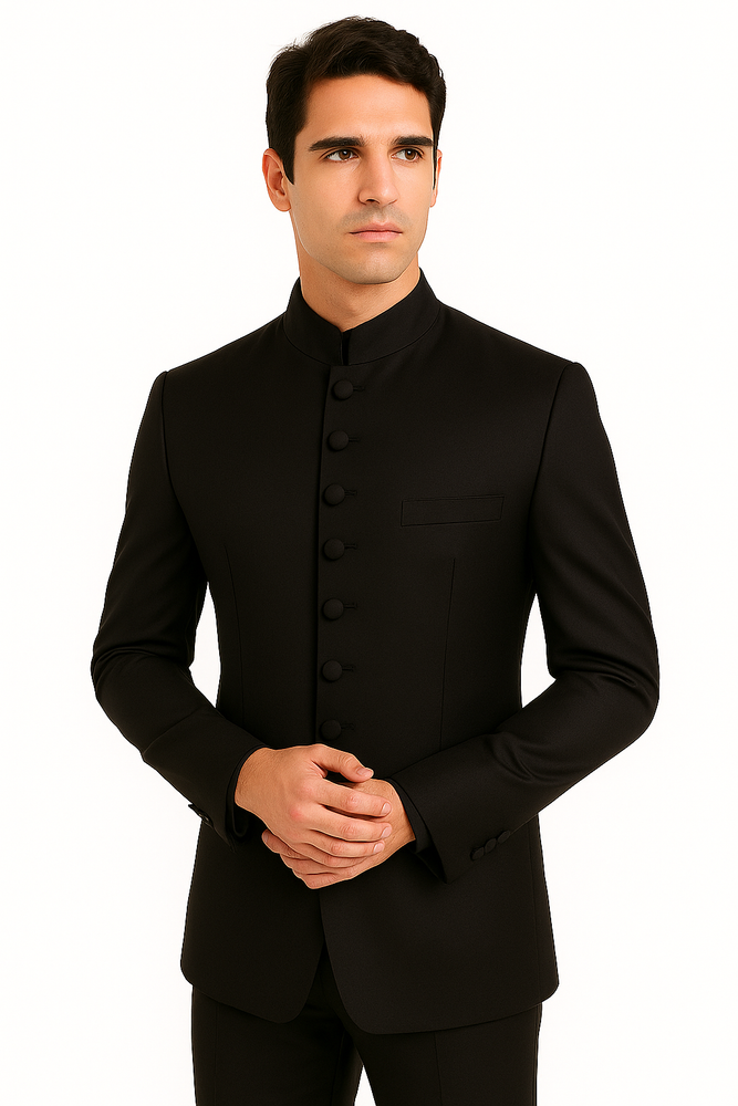 Black 8 Button Mandarin banded collar Nehru Style Suit