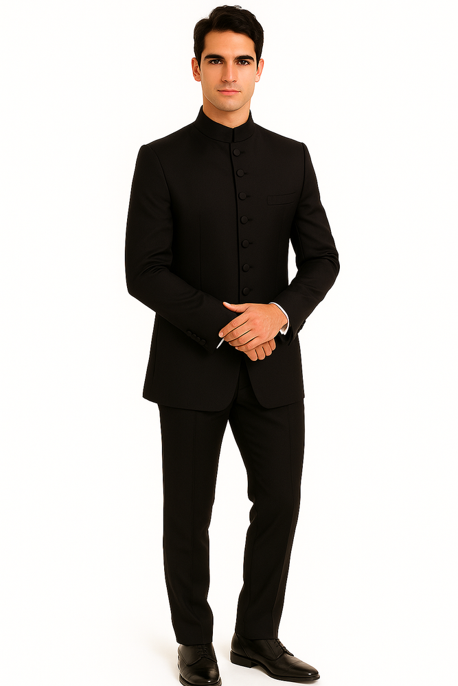 Black 8 Button Mandarin banded collar Nehru Style Suit