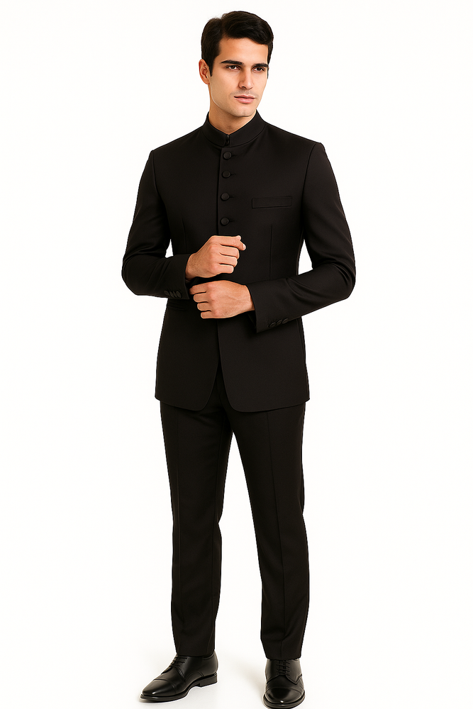 Black 8 Button Mandarin banded collar Nehru Style Suit