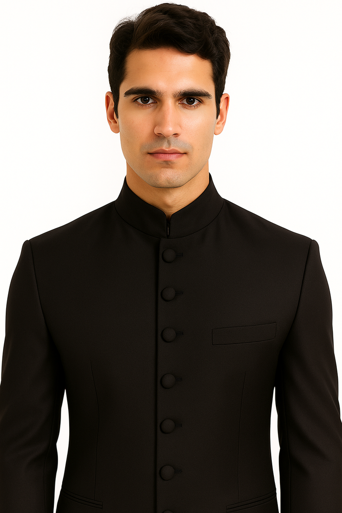 Black 8 Button Mandarin banded collar Nehru Style Suit
