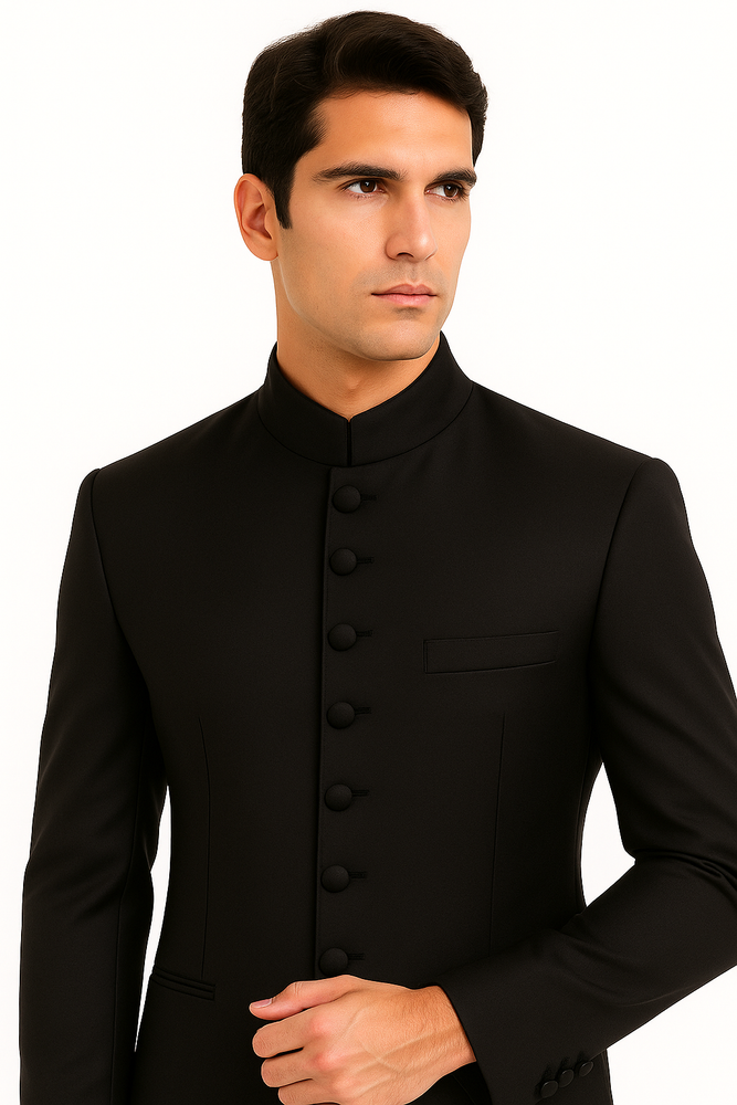 Black 8 Button Mandarin banded collar Nehru Style Suit