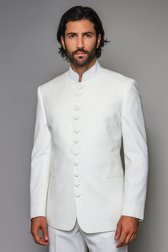 Best Quality Pure Snow White Mandarin Collar Tuxedo Suit Light Weight Soft Fabric