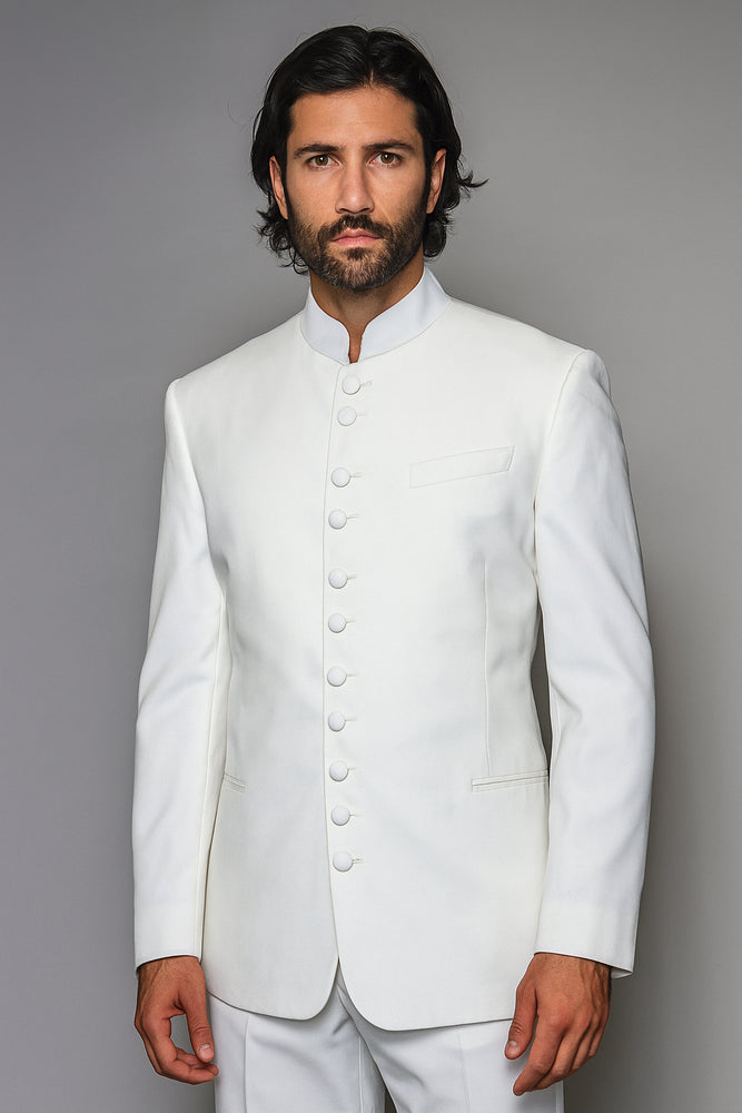 Best Quality Pure Snow White Mandarin Collar Tuxedo Suit Light Weight Soft Fabric