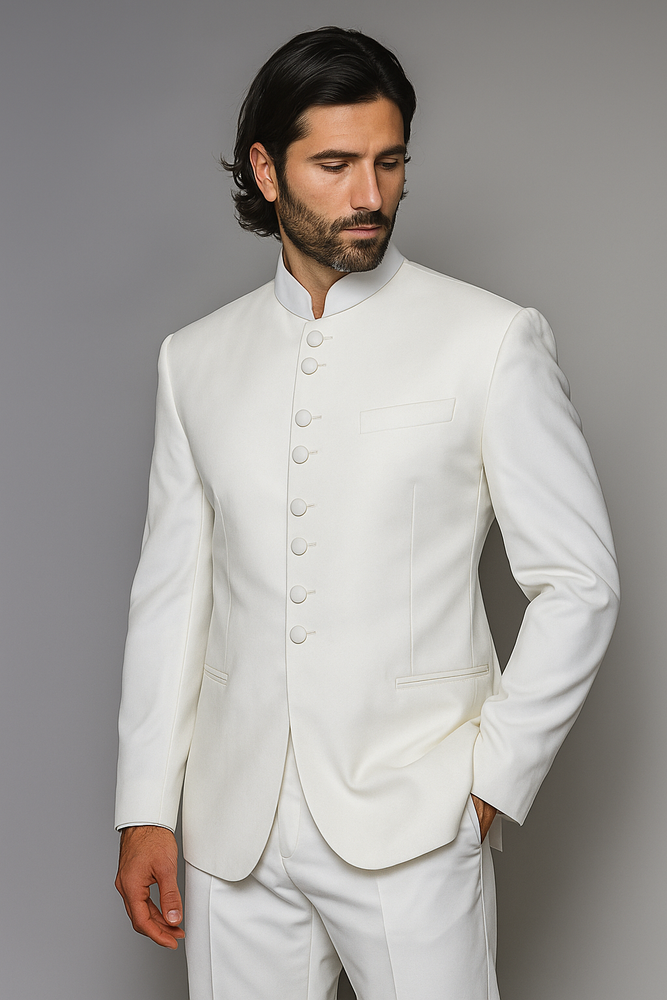Quality Pure Snow White Mandarin Collar Tuxedo Suits For Men Light Weight Soft Fabric - All White Suit