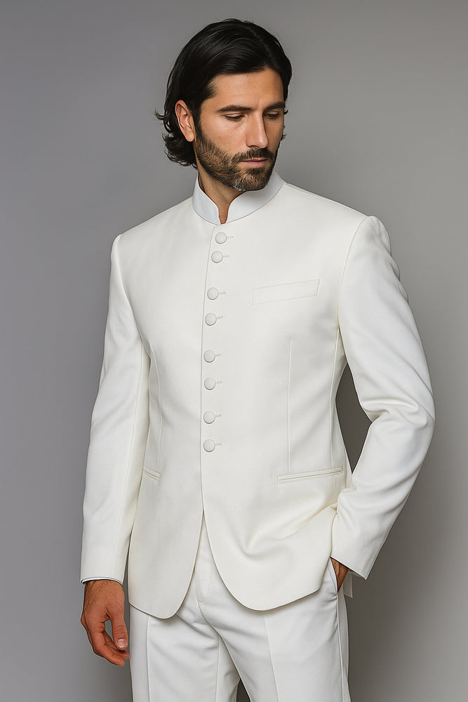 Men's Collarless Blazer Nehru Jacket Marriage Groom Wedding White