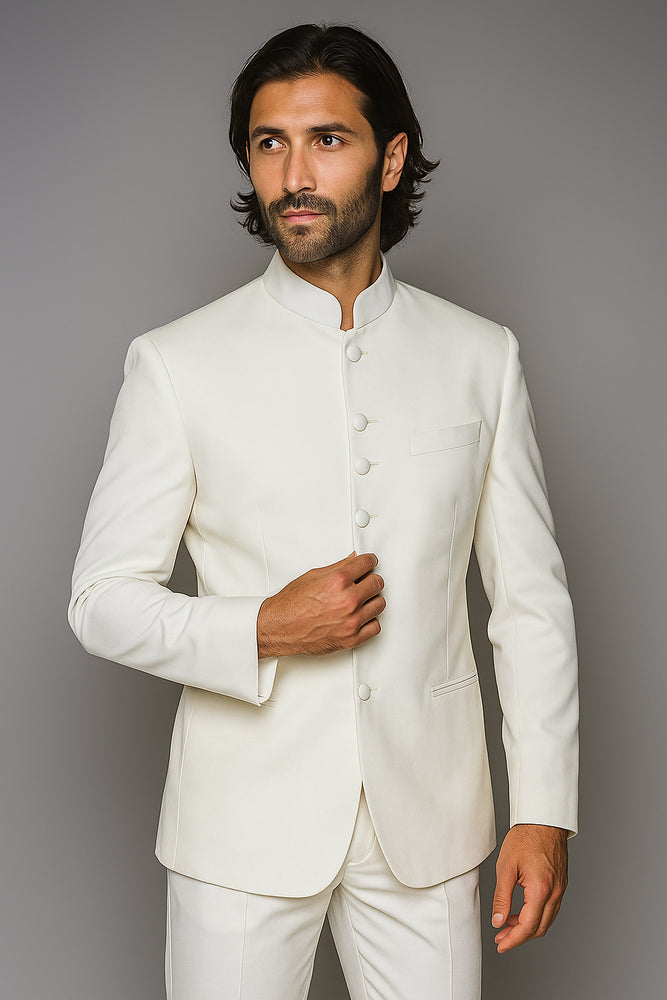 Men's Collarless Blazer Nehru Jacket Marriage Groom Wedding White