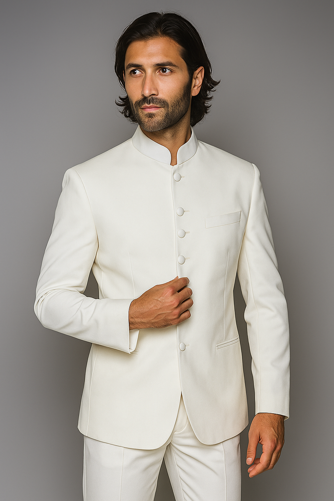 Mandarin Collar BANNED Collar WHITE Suits For Men 8 BUTTON EXTRA FINE HAND MADE Discount Sale Designer