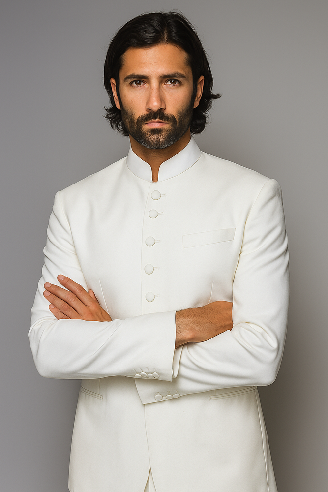 Men's Collarless Blazer Nehru Jacket Marriage Groom Wedding White