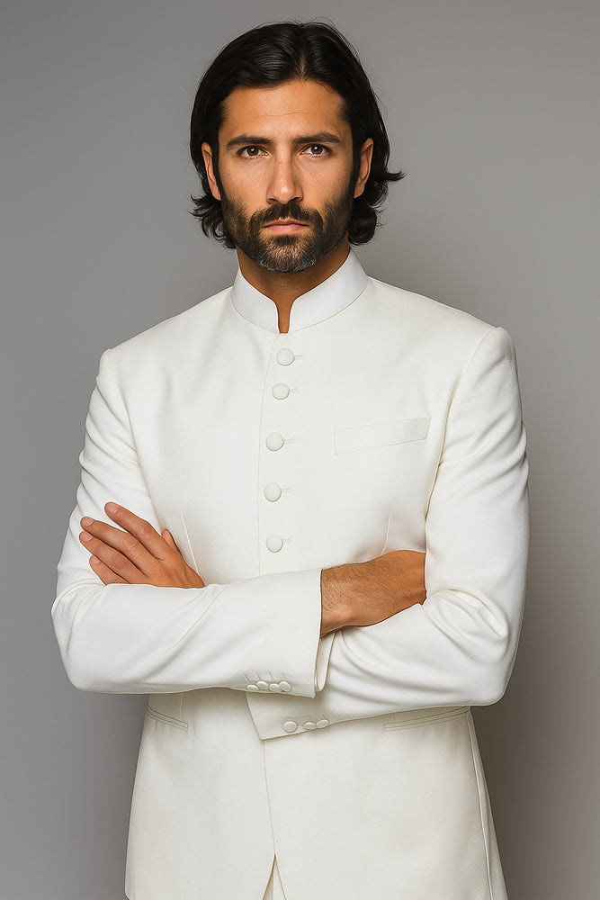 Quality Pure Snow White Mandarin Collar Tuxedo Suits For Men Light Weight Soft Fabric - All White Suit