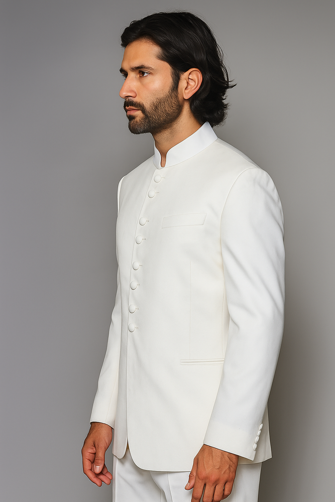 Quality Pure Snow White Mandarin Collar Tuxedo Suits For Men Light Weight Soft Fabric - All White Suit