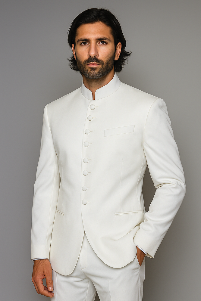Men's Collarless Blazer Nehru Jacket Marriage Groom Wedding White
