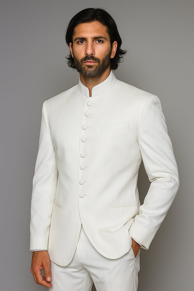 Quality Pure Snow White Mandarin Collar Tuxedo Suits For Men Light Weight Soft Fabric - All White Suit