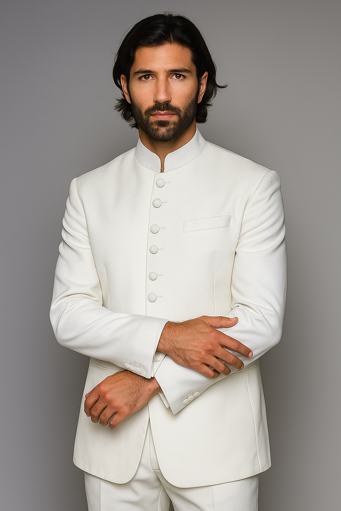 Quality Pure Snow White Mandarin Collar Tuxedo Suits For Men Light Weight Soft Fabric - All White Suit